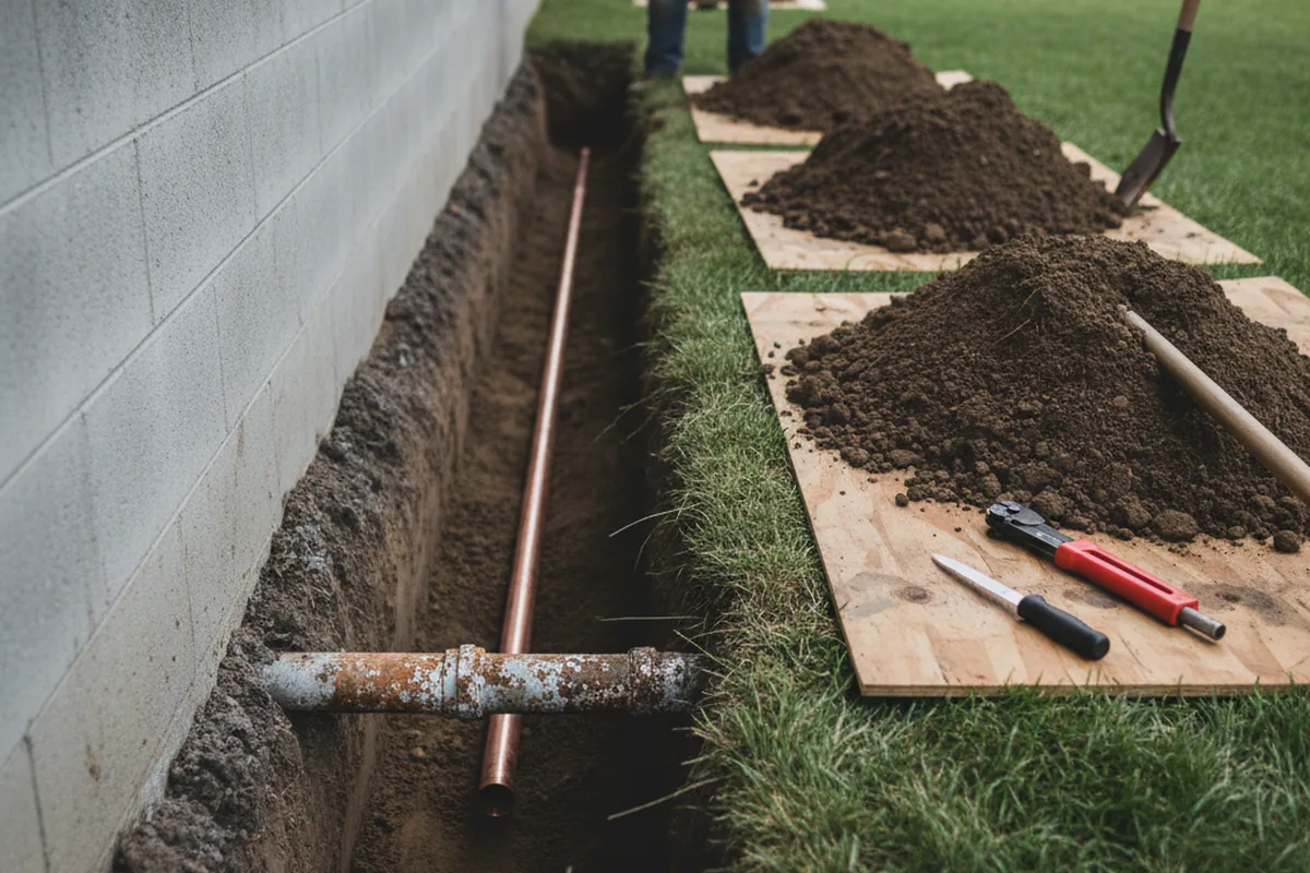 Excavated water line trench during Water Heater Repair in Louisville